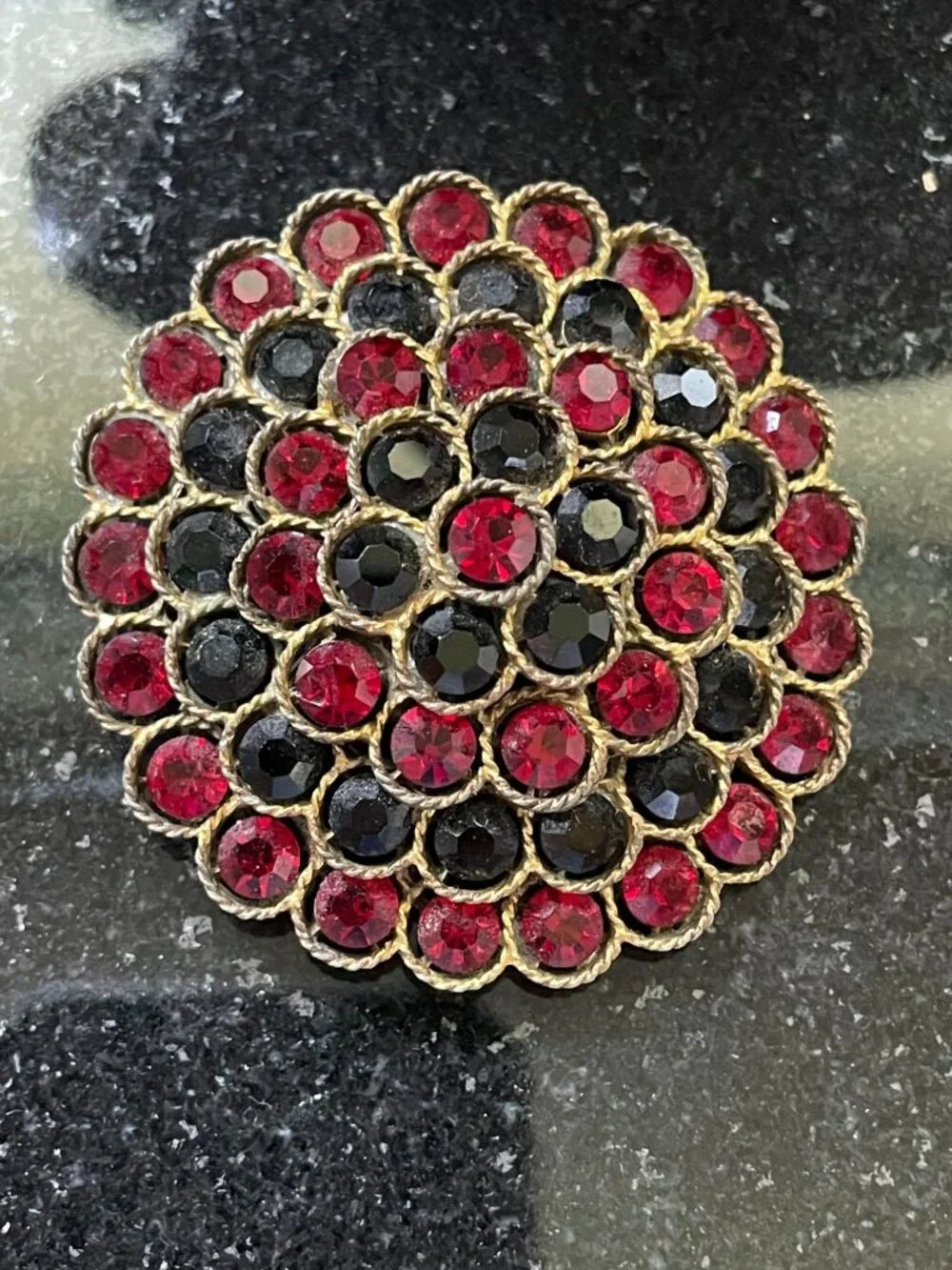 Vintage 1960s Signed Lisner Ruby Red Smoked Topaz Rhinestone Domed Brooch Pin